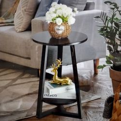 Black Side Table, Two-Tier Round End Table, Modern Small Side Table Living Room, Bedroom & Balcony, Black End Table with Storage Shelf with Solid Wood