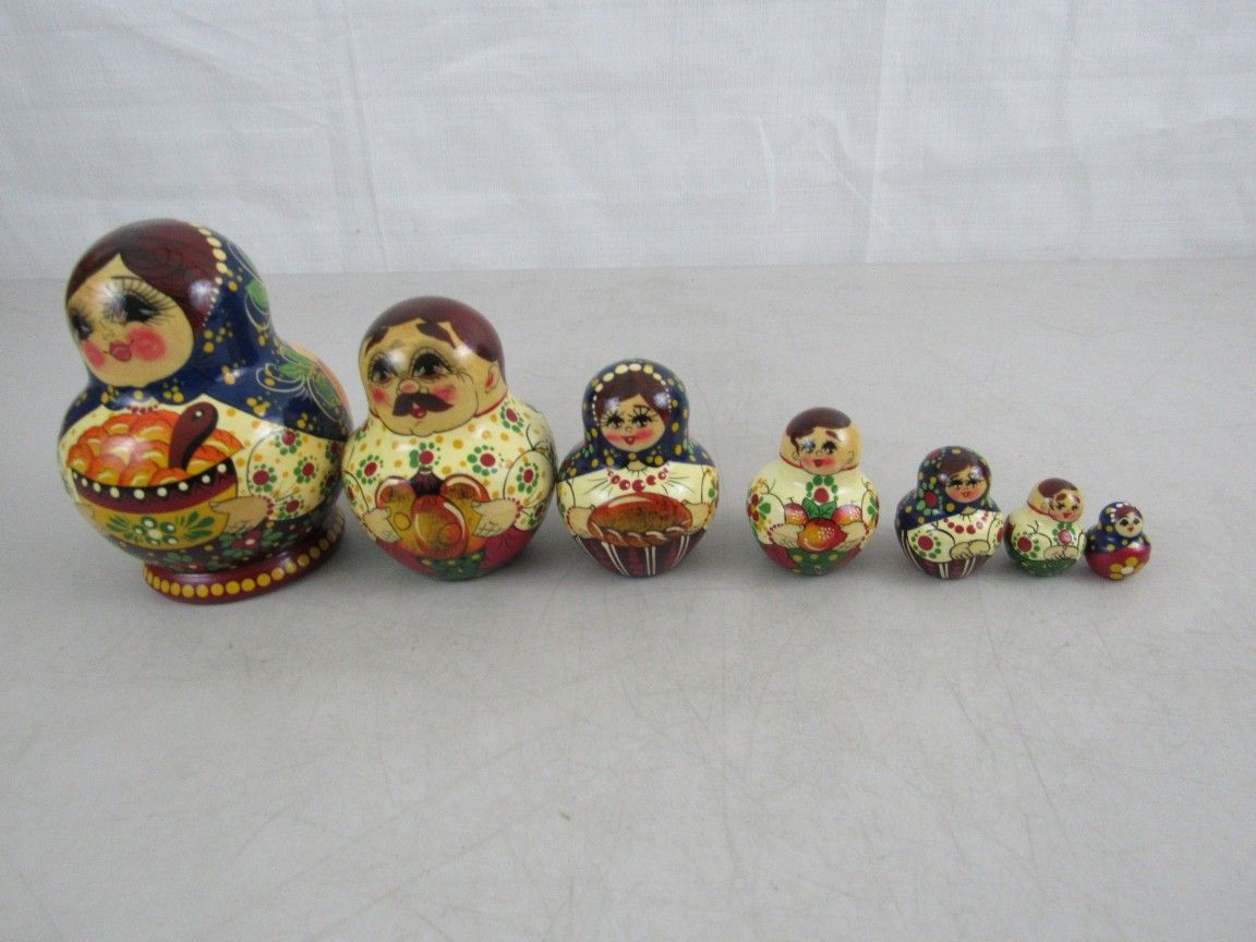 Russian Cultural Family 7 Piece Nesting Dolls Hand Painted Signed
