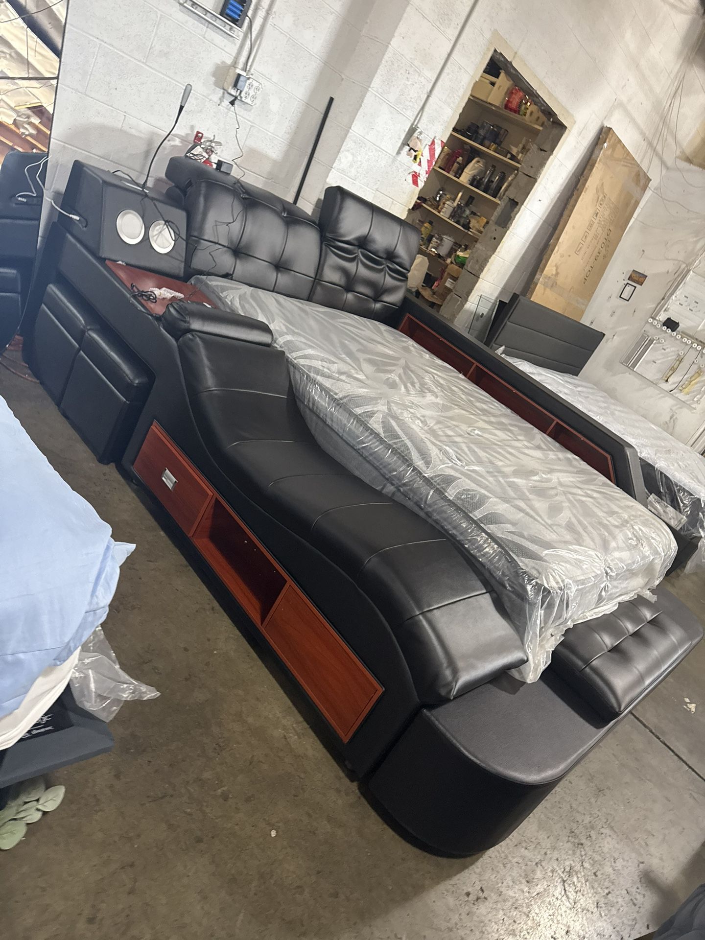 Queen Size Multifunctional Bed Base, Upholstered Storage Platform with Right Massage Recliner, Music Speaker, USB Charging Station $1650 Serta brand m