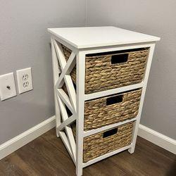 White Nightstand End Table W/ 3 Woven Baskets 