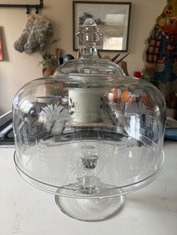 Vintage Etched Glass Cake Stand with Dome Lid