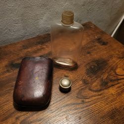 Antique Glass Flask With Leather Pouch 