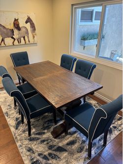 Mahogany Extendable Dining Table Set with 6 Blue Upholstered Chairs