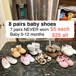 Never worn 7 pairs. 1 pair used 1x. First Steps, Oshkosh, Carter’s