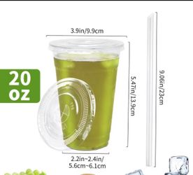 Disposable Plastic Cups, Transparent PET, Reusable Drinking Cups With Flat Lids And Straws, 50Sets