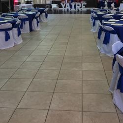 Blue Table Covers ,White Chair Covers & Blue Sashes