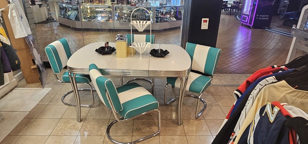 50's Dinette Set Table And Chairs White and Turquoise Striped W/ Chrome