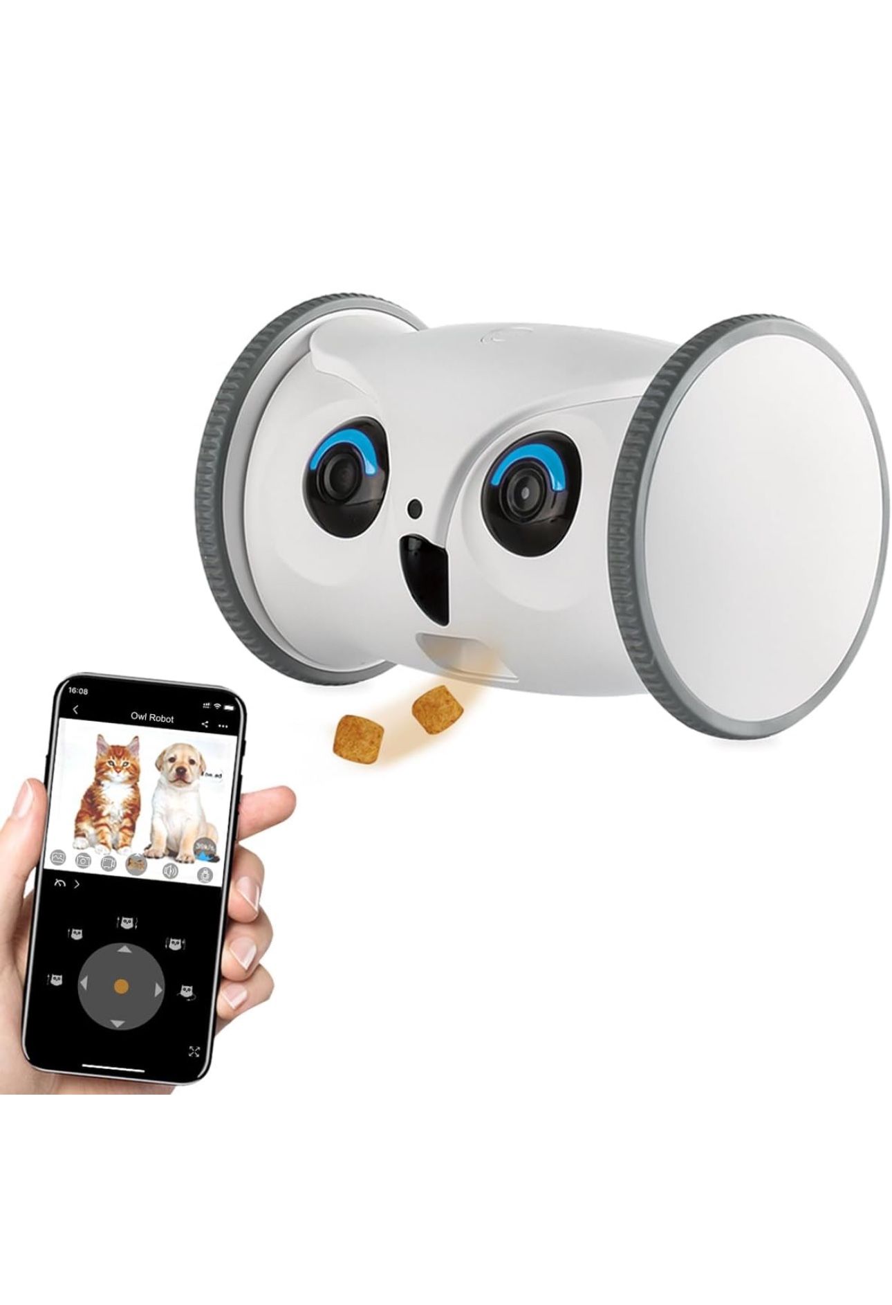 SKYMEE Owl Robot: Movable Full HD Pet Camera with Treat Dispenser, Interactive Toy for Dogs and Cats, Mobile Control via App