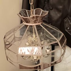 Vintage Tiffany Style Swag Brass Chandelier with Pale Rose & Crystal Etched Glass Panels