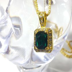 Green Fashion Gold Plated Gemstone Necklace Chain Filled Diamond Titanium Hip Hop Pendant Necklace