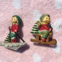 lot of 2 Vintage Boy On Sled Tobaggon Christmas Ornament Melamine 1950's-1960's
