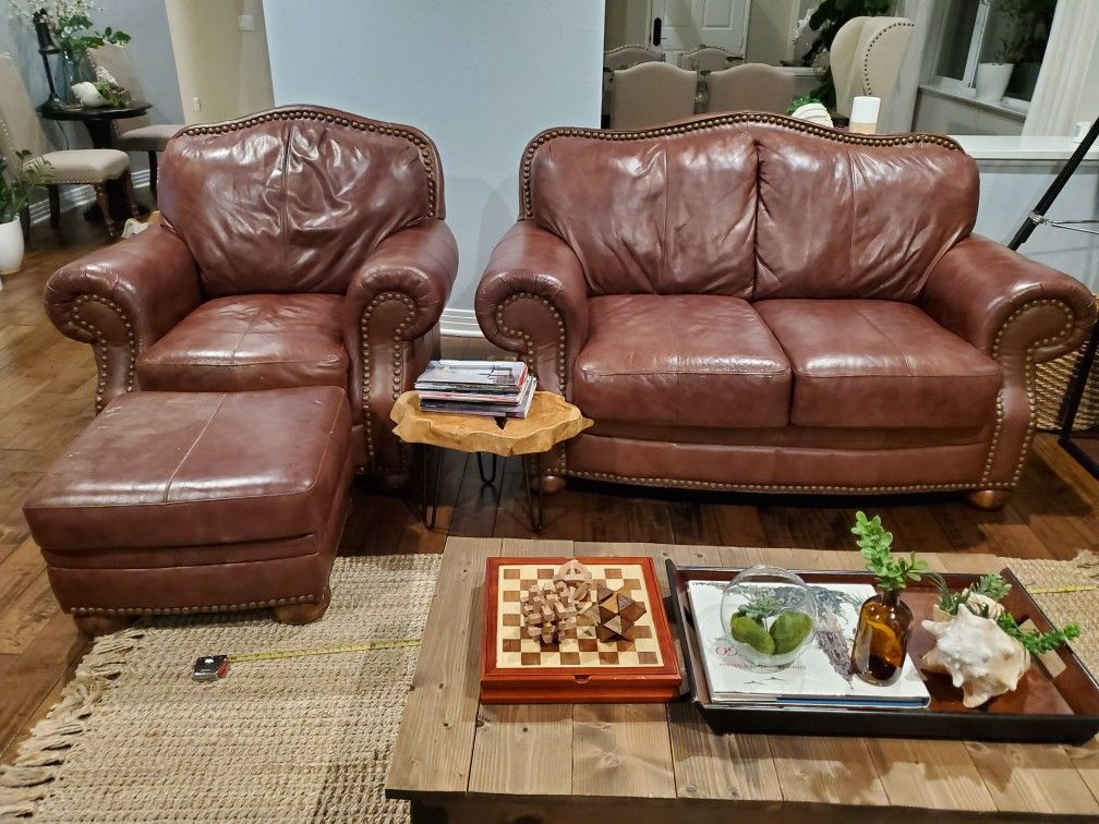 Genuine Leather Loveseat, Sofa Chair, and Ottoman