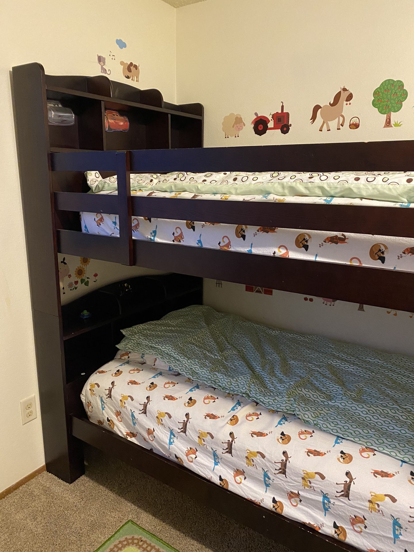 Kids twin bunk beds brown with bookshelves