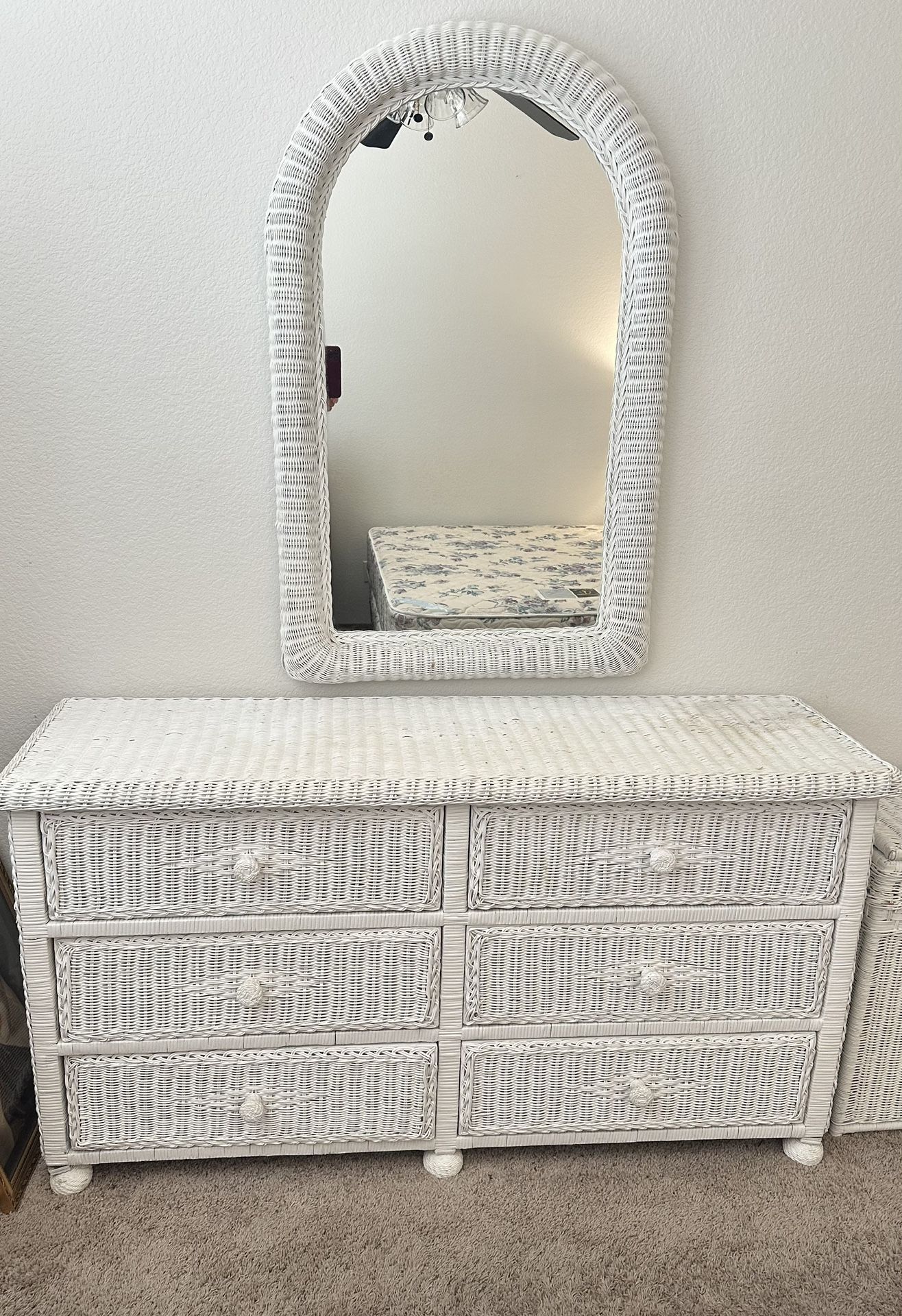 White wicker, dresser, and mirror