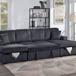 New Corduroy Sectional With Sleeper / Chaise Storage.  Black.  120x60.  Free Delivery!