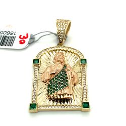 14kt Gold Cubic Zirconia San Judas Pendant With Green Stones 7.40grams 156055 3