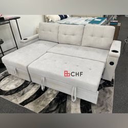 Woven Fabric Reversible Sleeper Sectional Sofa with Storage Chaise, Storage Arm, Cup Holder, Charging Ports, Side Pockets, and Pocket Coil Seating