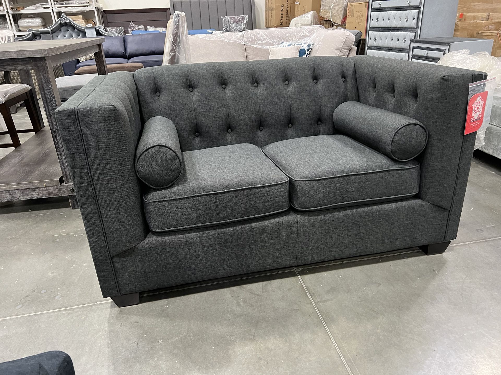 !New! Beautiful Charcoal Linen-like Upholstery, Grey Couch, Tuxedo Loveseat, Tufted Design Sofa, Couch, Loveseat Perfect For Small Living Room