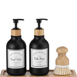Kitchen Soap Dispenser Set with Bamboo Tray and Dish Brush, & Labels New In Box