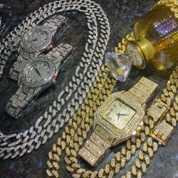 20 inch or 24 inch Cuban Link lab 🇮🇹ice stones two pieces for 200 resizable watch unisex