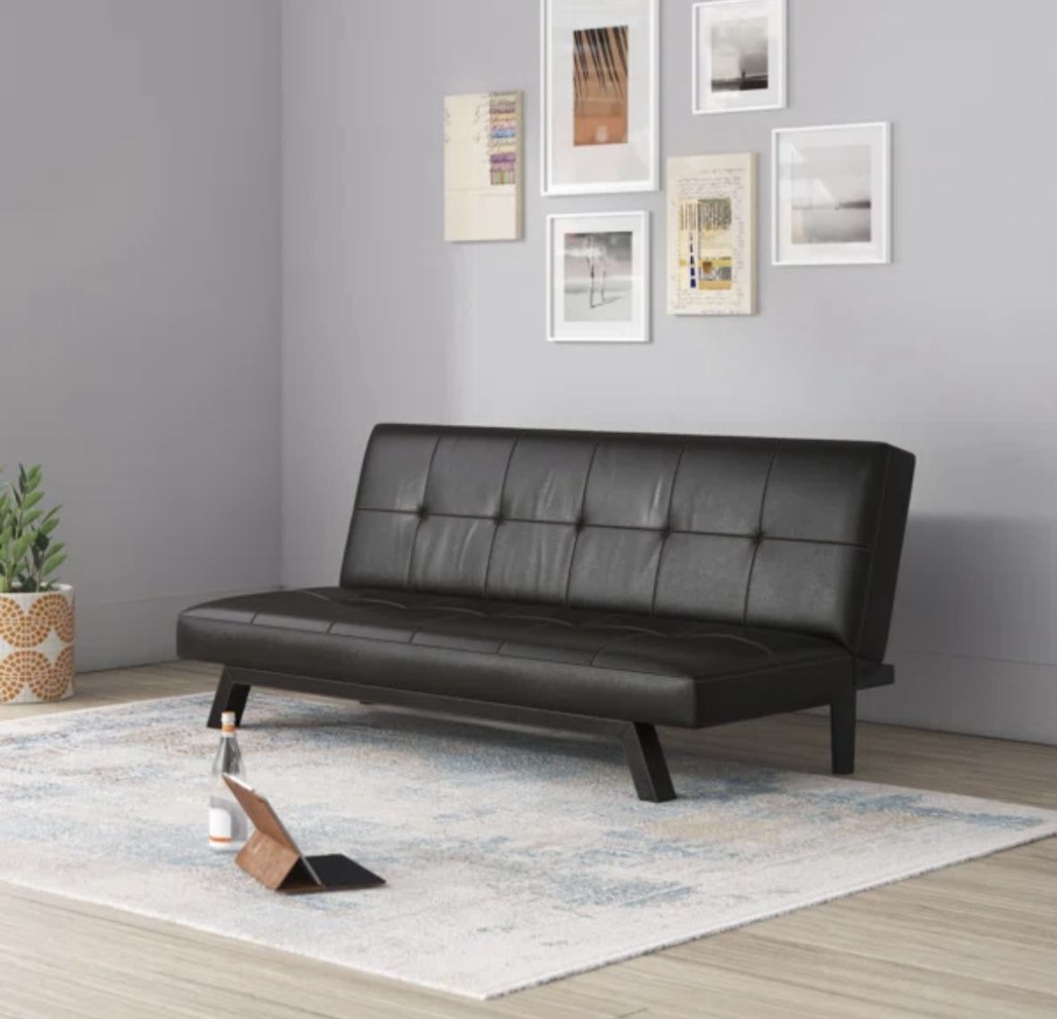 Black Midcentury Modern Leather Futon Sleeper
