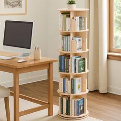 Solid Wood Rotating Bookshelf, 5-Tier 360° Spinning Bookcase Tower, Stackable Adjustable Book Shelf Organizer for Small Spaces, Corner Standing Storag