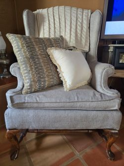 QTY 2 Gray Wingback Armchairs with Wood Legs