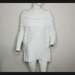 Michael Kors MK Women's White Poncho Sweater Cowlneck Off Shoulder Fringe Sz S