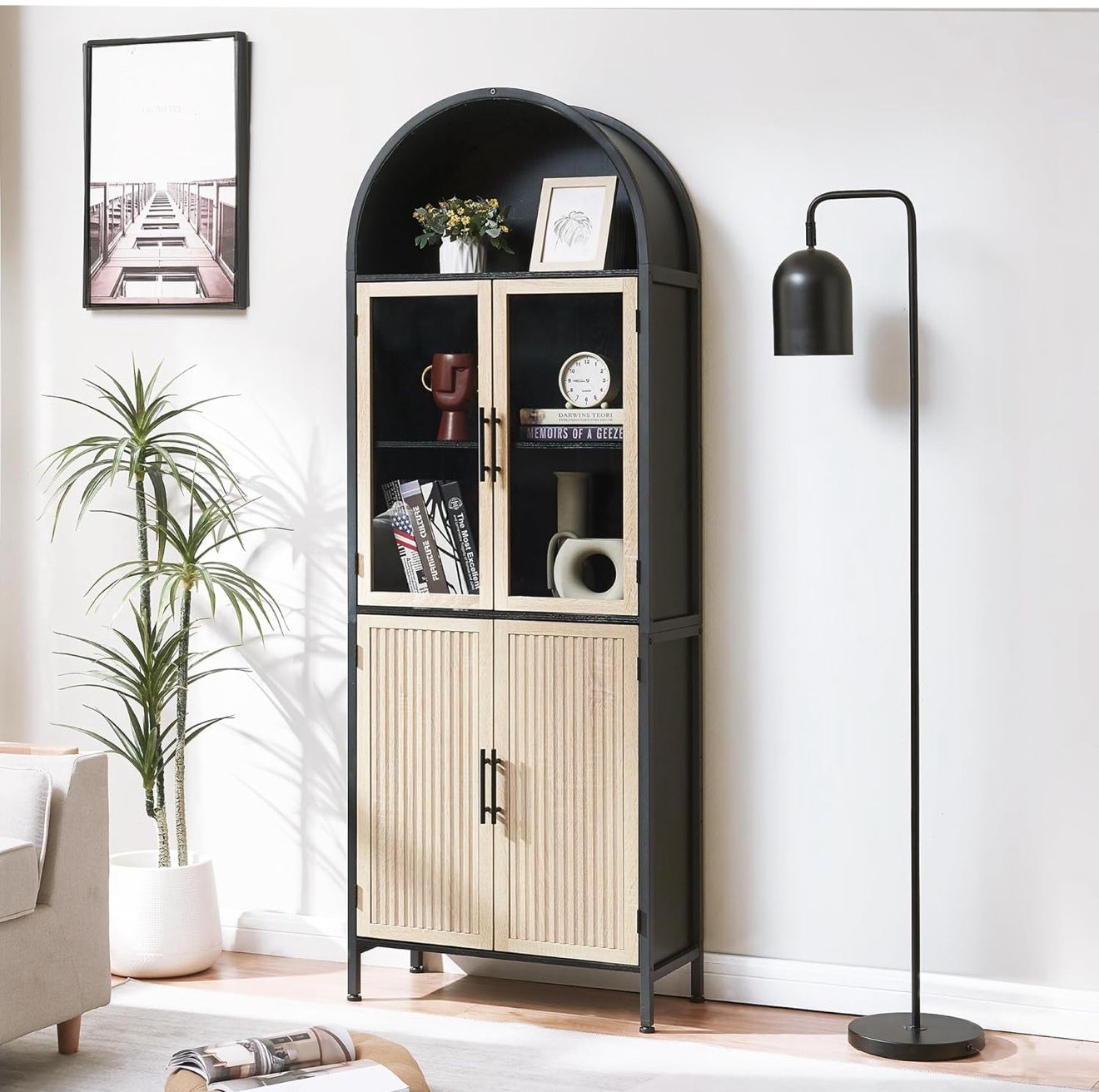 Hushedify Arched Storage Cabinet with Glass Doors & Shelves, 5-Tier Farmhouse Bookcase Bookshelf Tall Floor Curved Hutch Storage Cabinet BRAND. SW