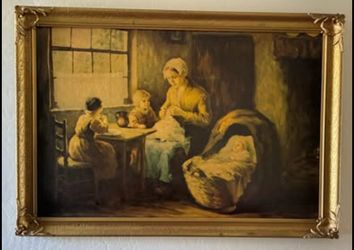Vintage “Contentment” Vividoil Processed Painting – Large Ornate Gold Frame