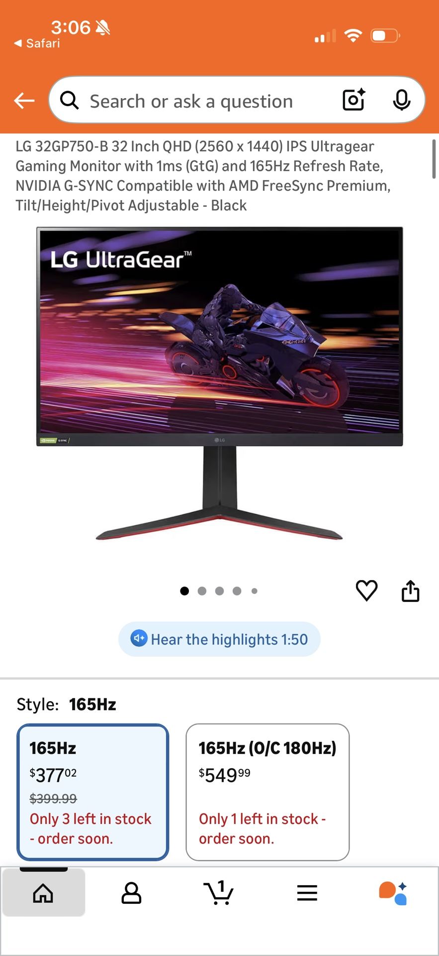 LG 32GP750-B 32 Inch QHD (2560 x 1440) IPS Ultragear Gaming Monitor with 1ms (GtG) and 165Hz Refresh Rate, NVIDIA G-SYNC Compatible with AMD FreeSync