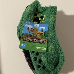 Size 7-10 Minecraft Creeper Fuzzy Slipper Socks 3 Pack Non Slip Grip