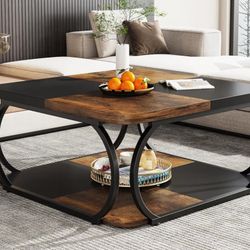 Square Coffee Table with 2 Tiers, 40 inches Low Farmhouse Coffee Table with Wood Storage Shelf Heavy Duty Metal Curved Frame for Modern Living Room, B