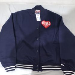 Puma Sticker Pack Basketball Varsity Jacket Navy with Red Heart Logo Size: XLarge