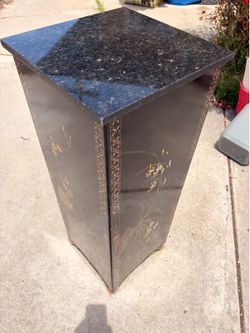 Vintage Japanese-Style Black Lacquer Pedestal Table with Granite Top