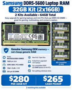 Samsung DDR5-5600 Laptop RAM | 32GB Kit 2x16GB | 2 Kits Available | 64GB Total | New Pulls