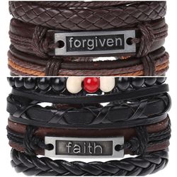 2 x Set Adjust. Size up to 9.5inc Leather Bracelet, (Forgiven-Faith)