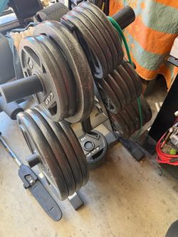 CAP Olympic cast iron plates (470 lbs),  CAP plate rack