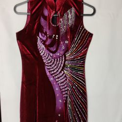 Rare Vintage 100% Polyester Burgundy Peacock Design, Prom, Party, Wedding, Special Occasion Dress (Velvet Feel)