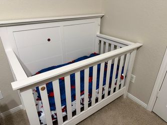 White Baby Crib with Mattress and Spider-Man Bedding Set