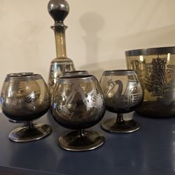 $125.00 - 1950's MidCentury Liquor/Bar Smokey Glassware with Aztec Design Accents/Mirrored Finish/Antique Silver Touches!