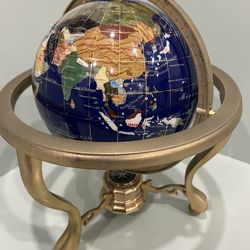 Vintage Blue Lapis & Precious Gem Stones World Globe Brass Stand W/Compas
