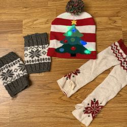 LOT Christmas Winter Light Up Hat Boot Toppers Fingerless Gloves ALL FOR 