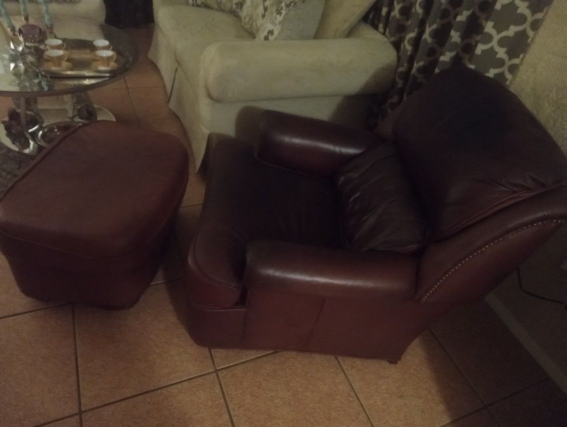 Real Leather Chair That Slightly Reclines And Ottoman