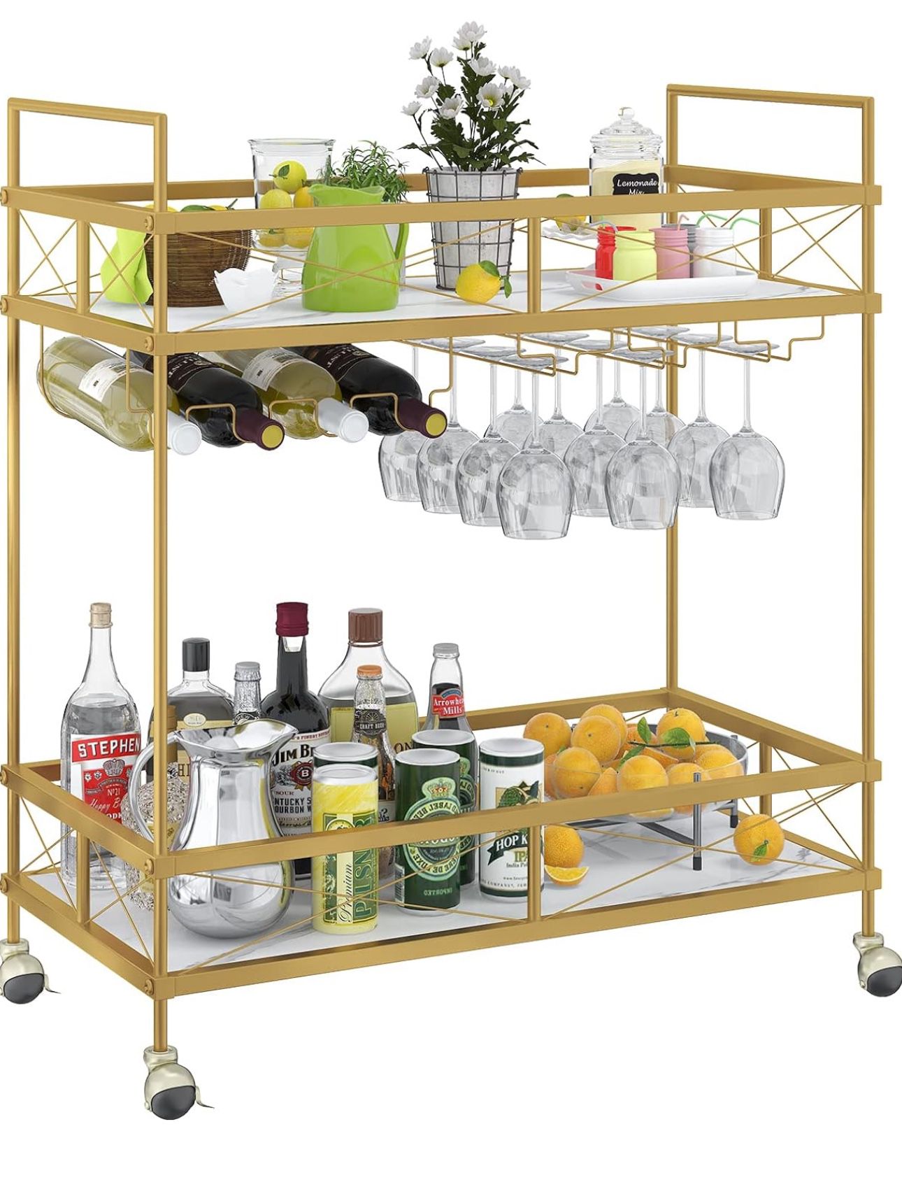 Home Bar Serving Cart Gold with Marble Shelves & Wine Rack