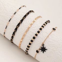 Black Star Shape Pendant Beaded Braided Anklet Set 5pcs Boho Style Ankle/ Bracelet For Women