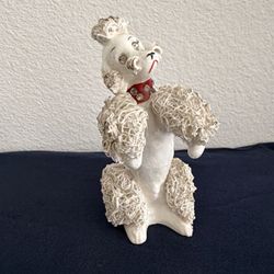 Vtg Porcelain Spaghetti Poodle Dog White & Gold w/Red Rhinestone Collar