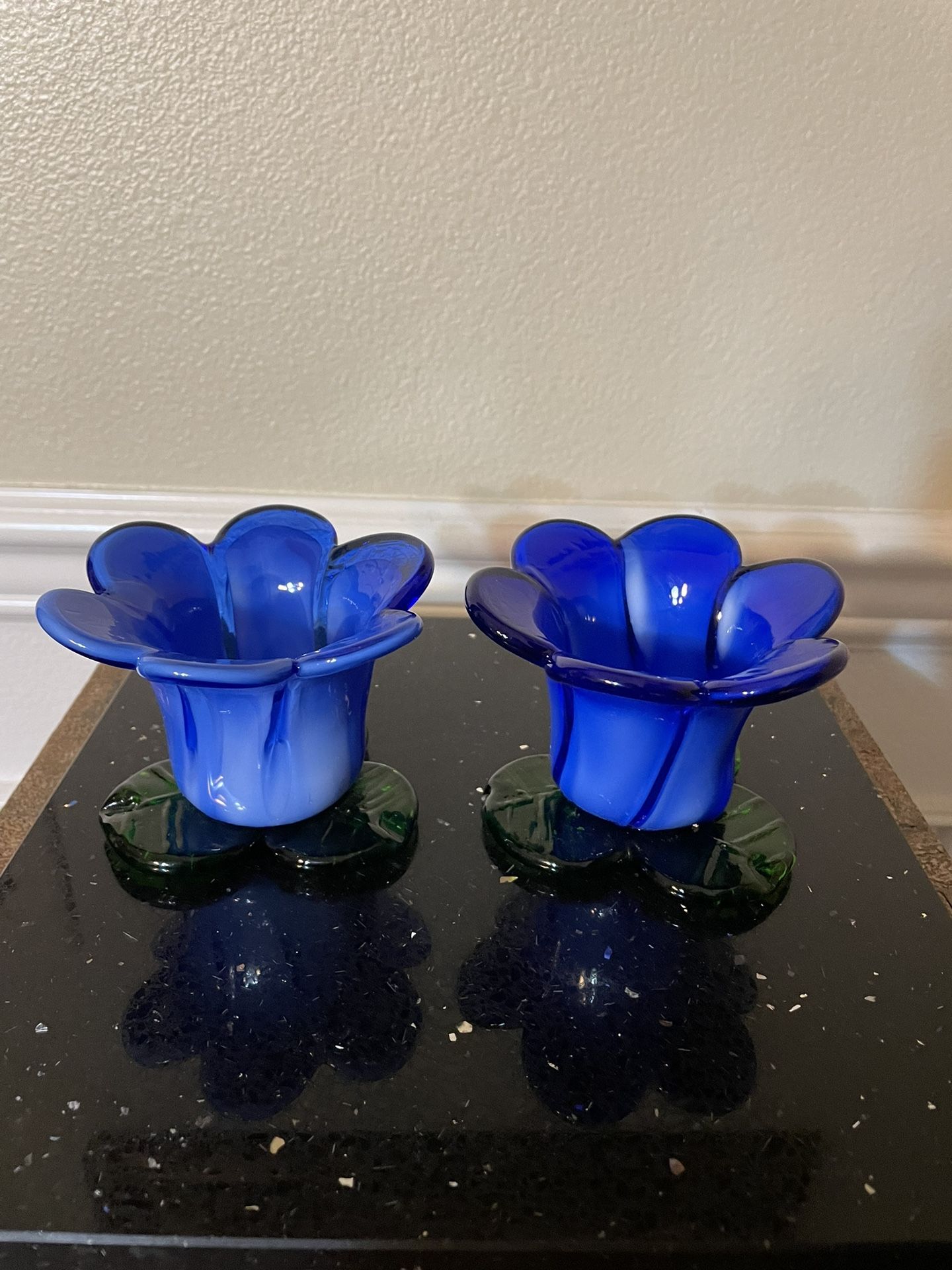 Cobalt Blue Vintage Art Glass Candleholder - Pair
