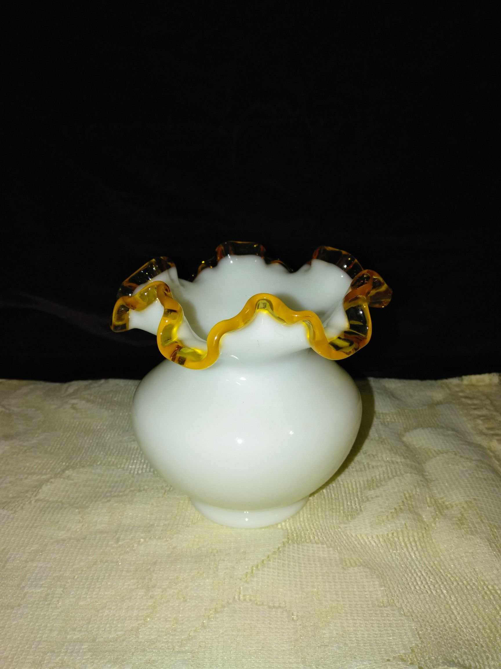 Vintage Fenton amber gold crest milk glass rose bowl vase