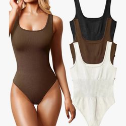 OQQ Women's 3 Piece Bodysuits Sexy Ribbed Sleeveless Square Neck Tank Tops Leotard 2025 Trendy Outfits  XXL 